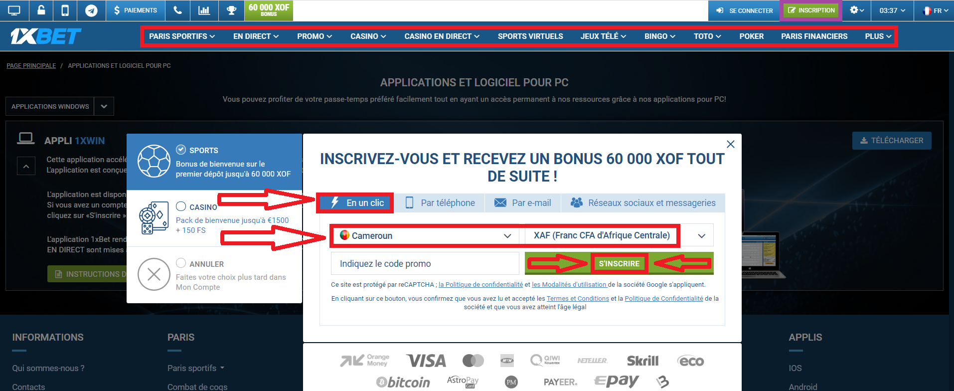 1xBet Cameroun inscription rapide ou en un clic